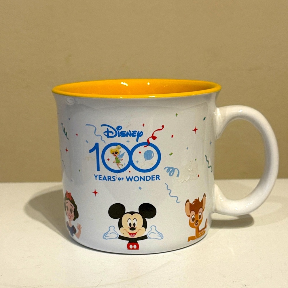 Disney 100 Years of Wonder White & Yellow Mug Mickey, Bambi, Snow White, Donald